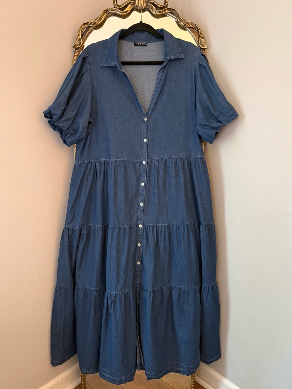 APNY Long Tiered Button Front Vneck Collared Maxi Dress With Puff Sleeve XL